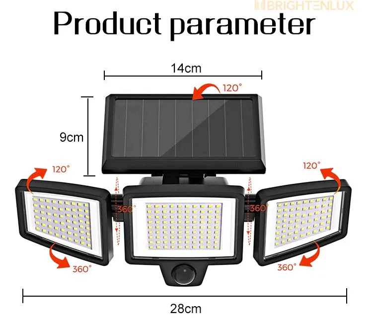 Brightenlux 2022 New Garden Yard 210 LED 270 Angle High Lumens Solar Rechargeable LED Motion Sensor Light Outdoor