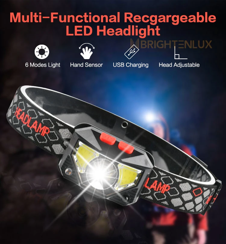 Brightenlux New Outdoor Lightweight USB Sensor Side COB Rechargeable Camping Headlamp