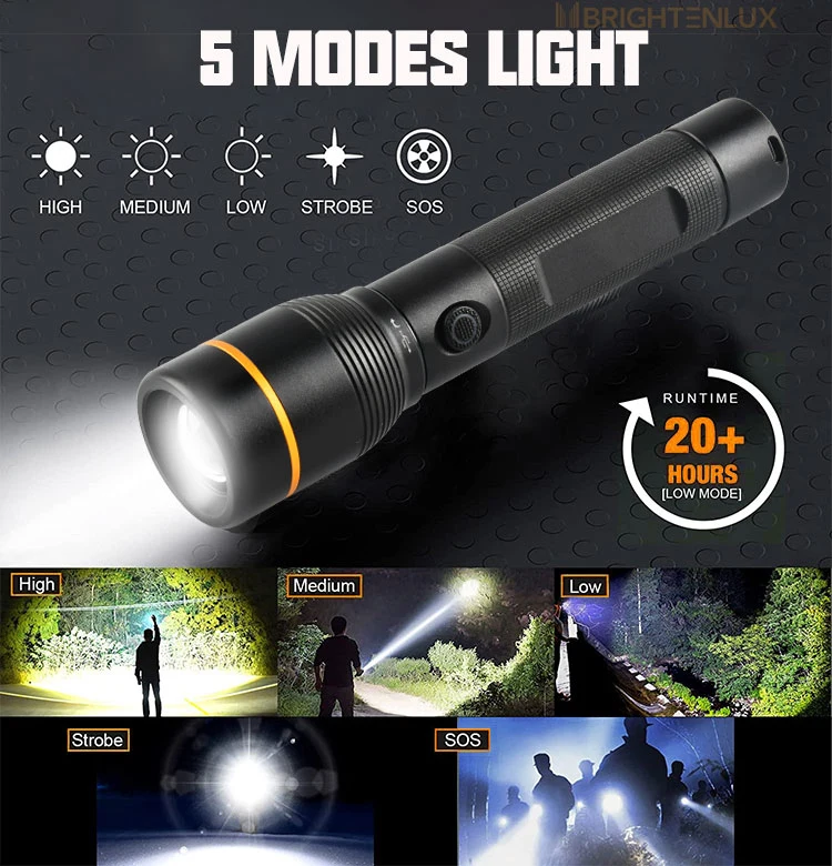 Brightenlux Xhp50 Flashlight 2000 Lumens Professional Quality Type-C Rechargeable Zoomable Flashlight 18650