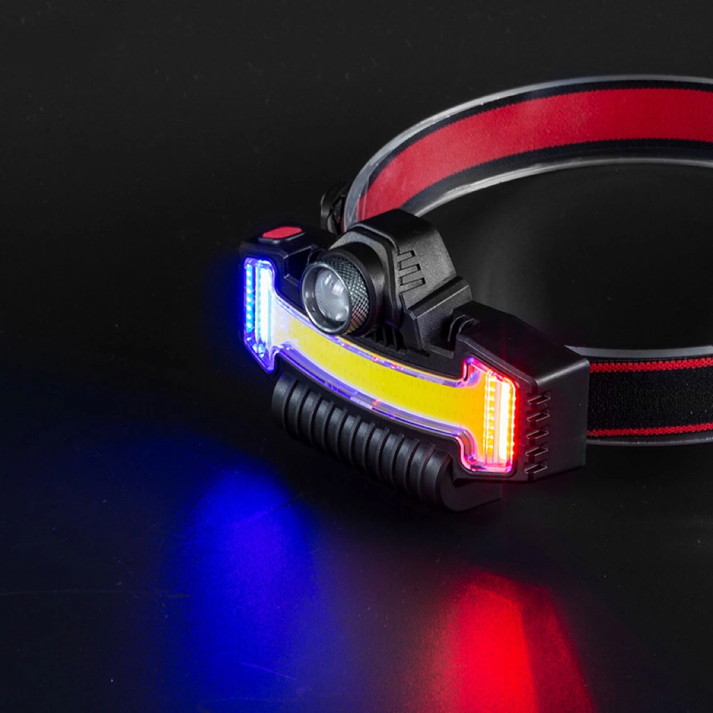 Red Blue Warning Flashing COB Rechargeable Headlamp with 5 Modes for Outdoor Emergency Inspection Adjustable Waterproof LED Headlight