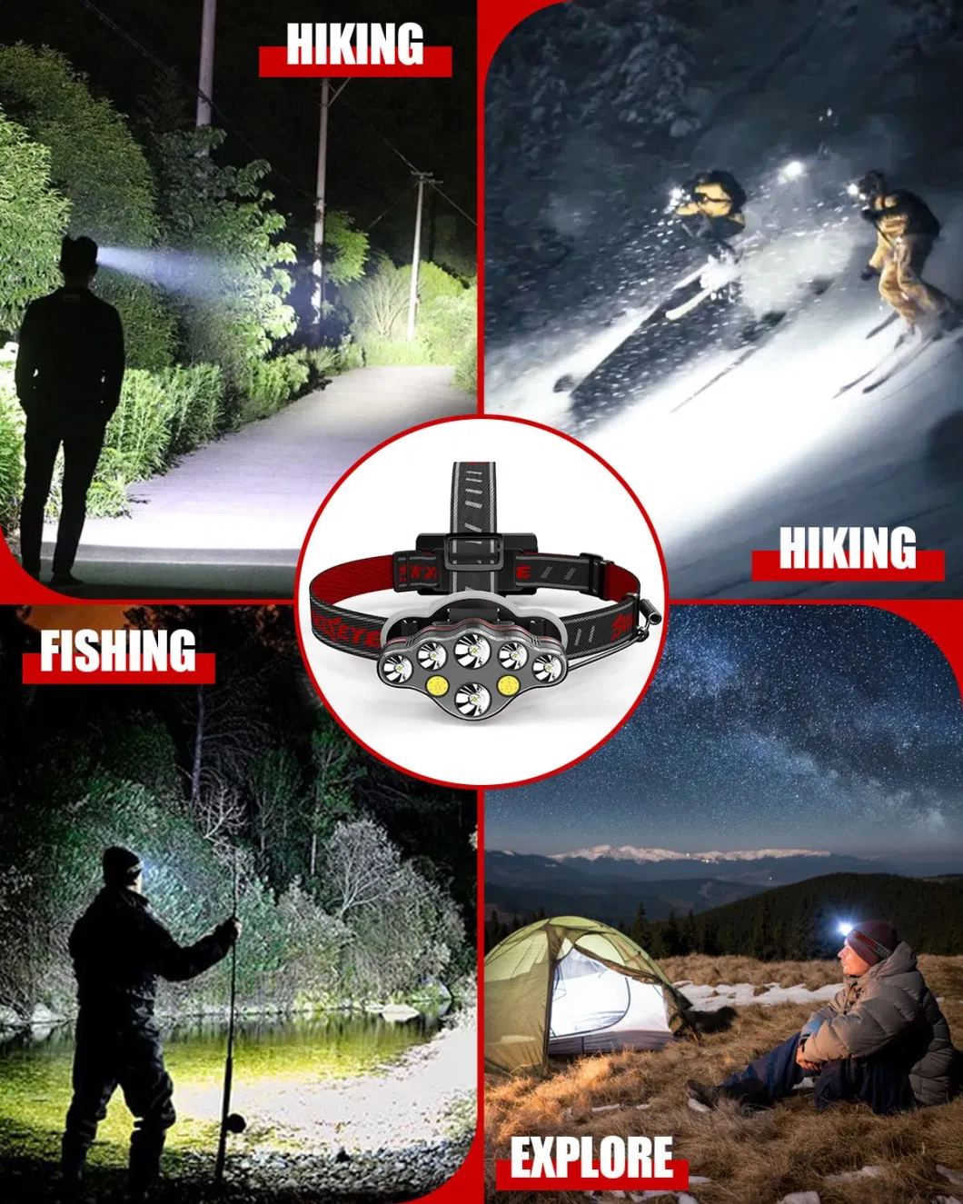 Rechargeable 8 LED Headlamp High Bright 1800 Lumen Head Waterproof Moving Lights