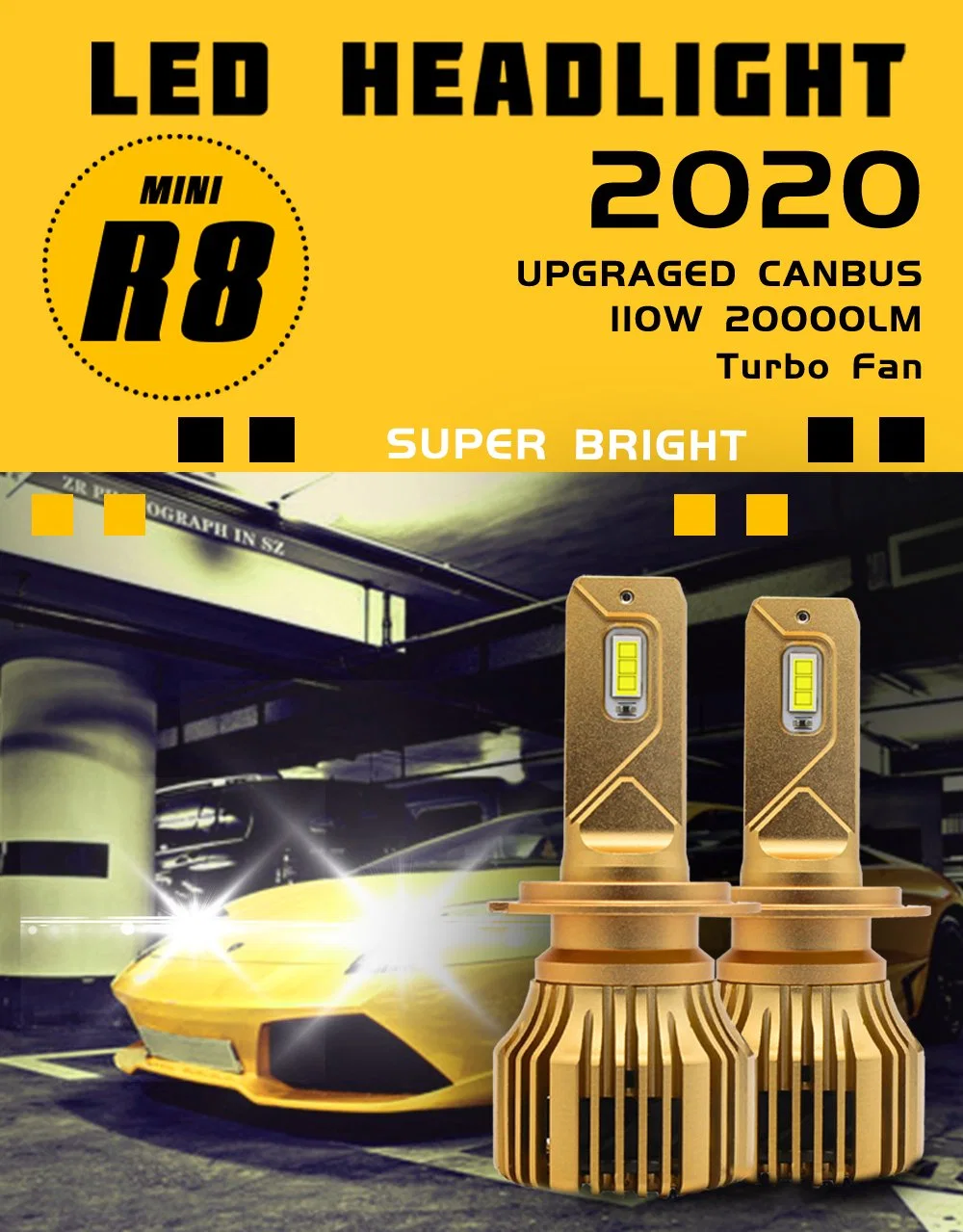 Super Bight 22000lm Canbus 110W 12-24V Golden R8 H1 H3 H7 H8 H9 H10 H11 H4 H13 Waterproof 6000K White LED Headlights