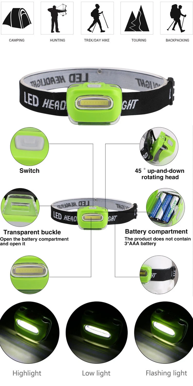 Battery Powered COB LED Head Torch Lamp 3 Flashing Mode Headlight Angle Adjustable Rotating Head Torch Light Portable Camping Emergency LED Headlamp