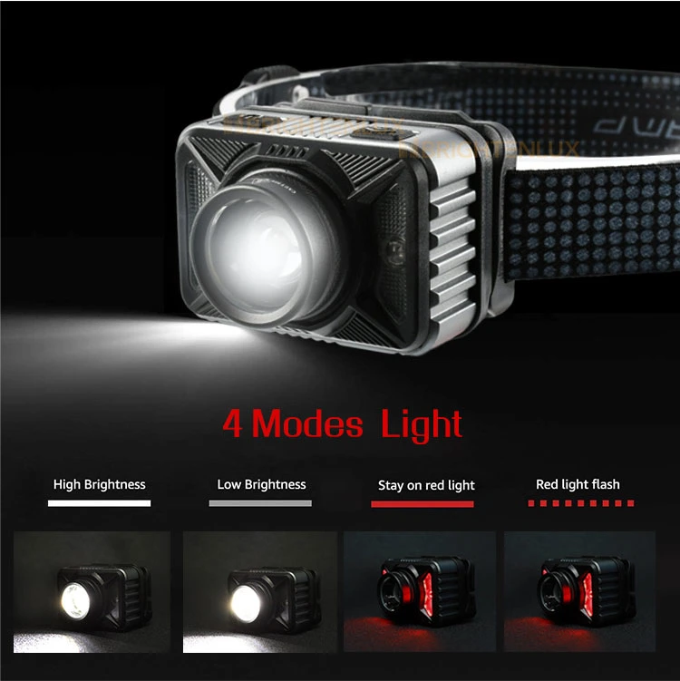 Brightenlux Factory Wholesale 4 Lighting Modes Zoomable USB Charging Sensor Function LED Headlamp for Fishing