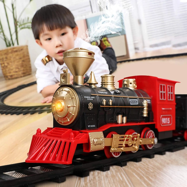 Kids Train Model Friction Power Car Toys Plastic Classical Emulational Train Toys with Light and Music for Christmas Gift