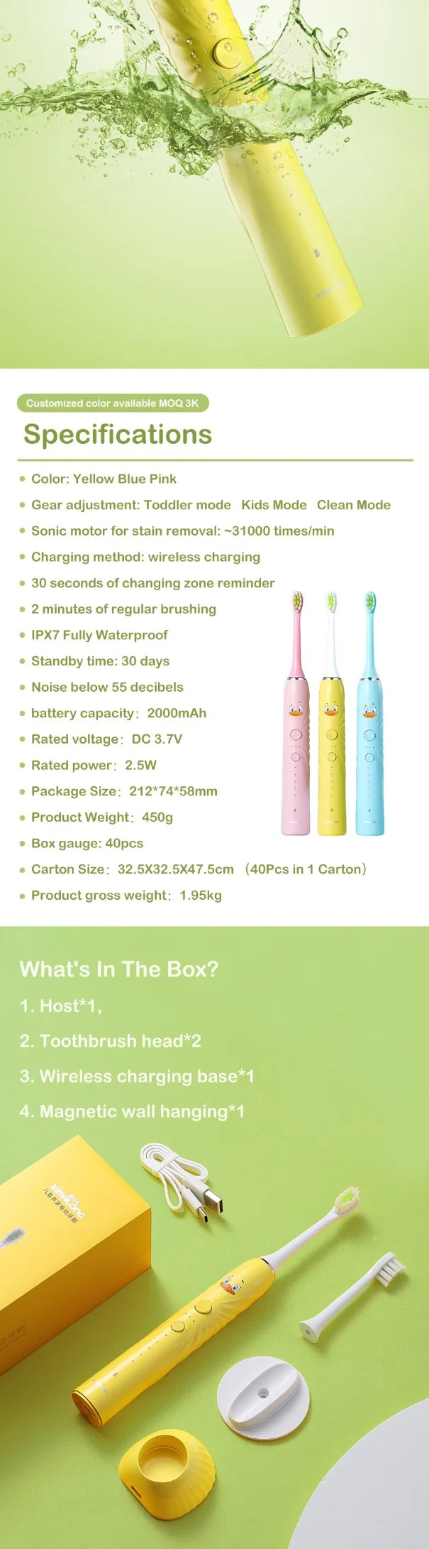 Ipx7 Wireless Charger DuPont Bristle Children&prime;s Special Sonic Electric Baby Toothbrush Children Toothbrush with Two Heads