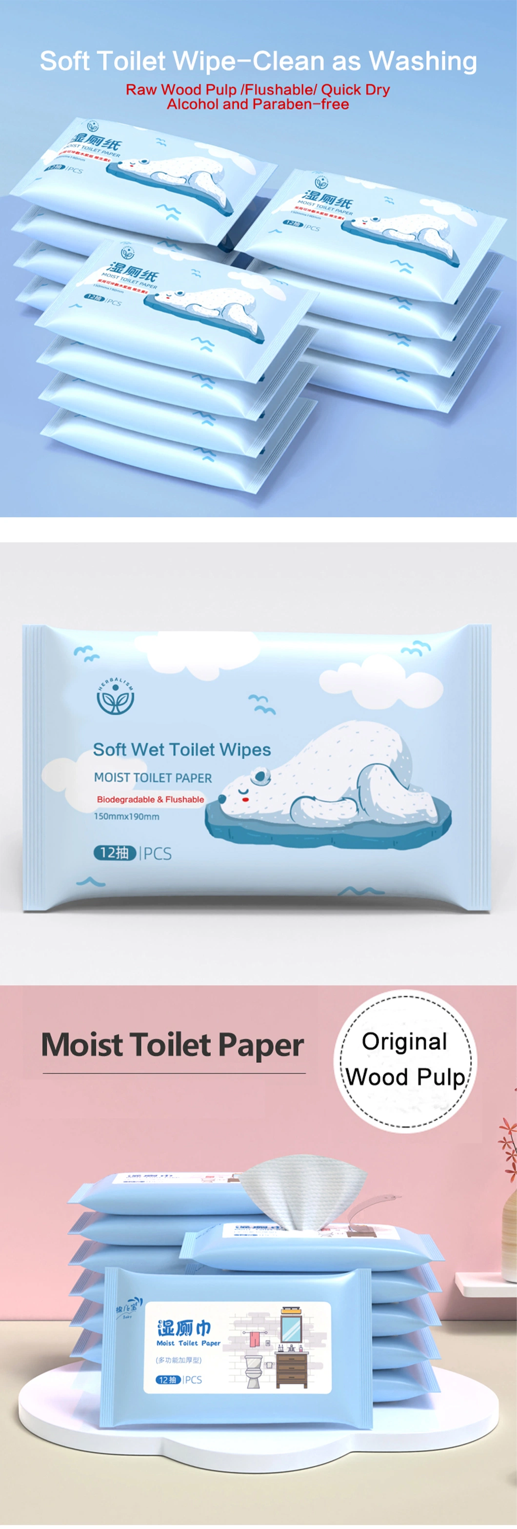 Wholesale Flushable Disposable Biodegradable Cleaning Toilet Wet Wipes