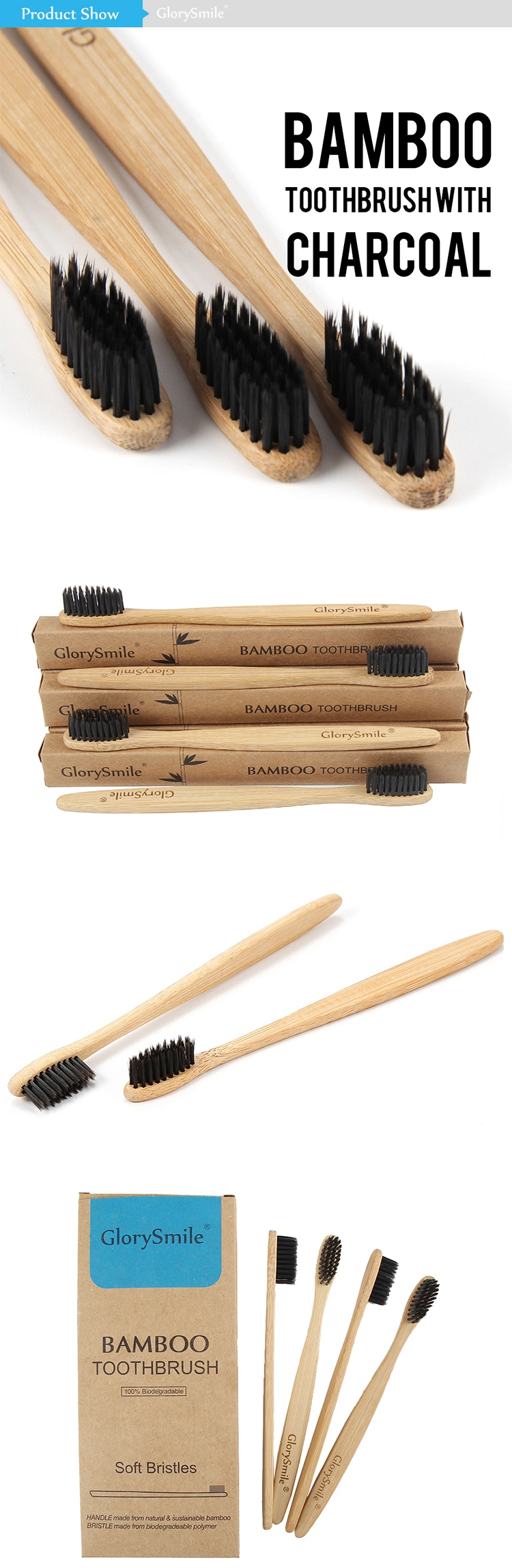 Biodegradable Natural Wood Handle Hotel Adult Charcoal Bamboo Toothbrush