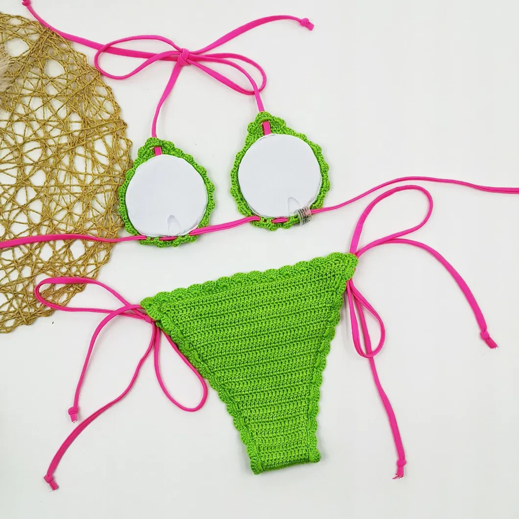 Custom Women Knitted Swimwear String Crochet Padded Dental Floss Bikini Thong Swimming Wear