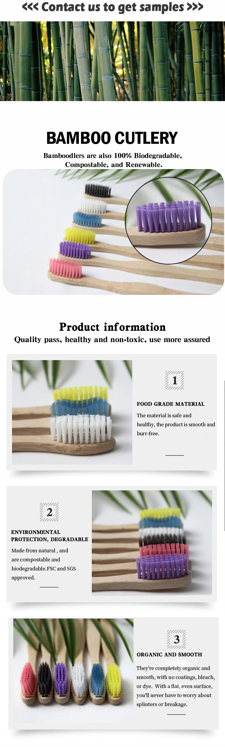 Compost Disposable 190mm Bamboo Toothbrush with Custom Logo