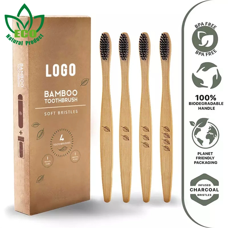 BPA Free Bamboo Toothbrush (4 Pack) with Travel Toothbrush Case &amp; Charcoal Dental Floss Toothbrushes for Adults