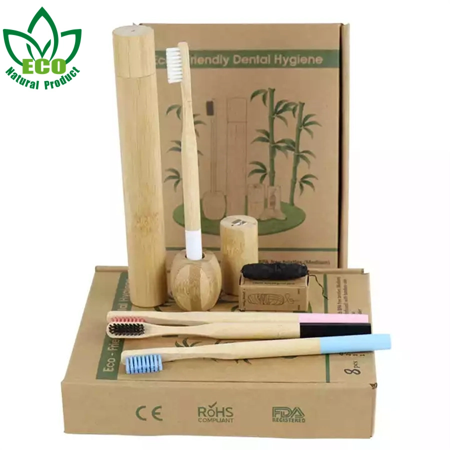 8 Pieces in 1 Gift Pack Biodegradable Vegan Bamboo Plastic Free Dental Floss Bamboo Toothbrush Gift Set