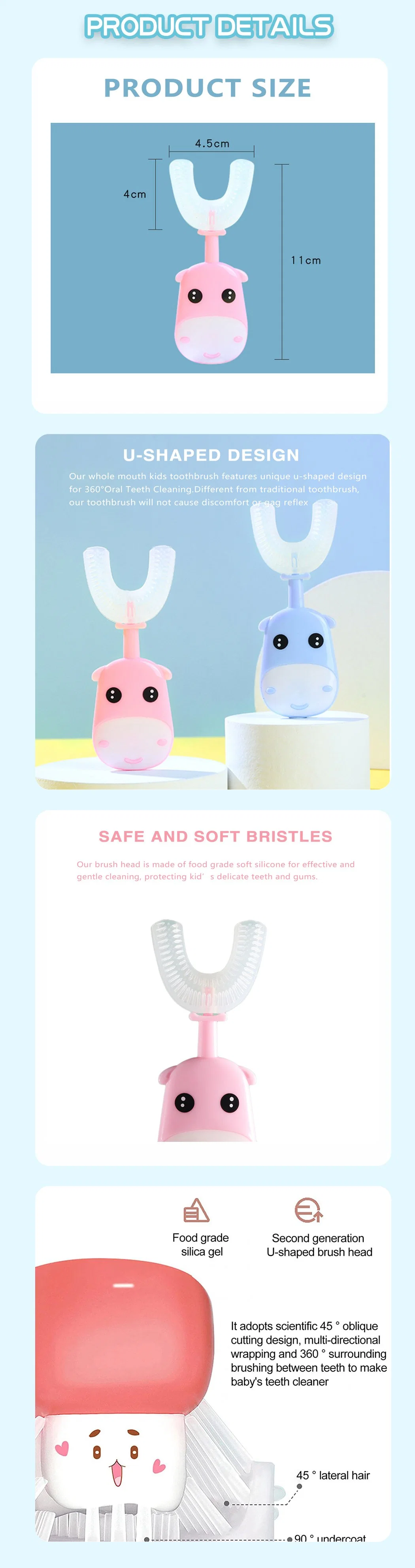 Cute Hippo U Shaped Silicone 360 &deg; Oral Teeth Cleaning Kids Toothbrush