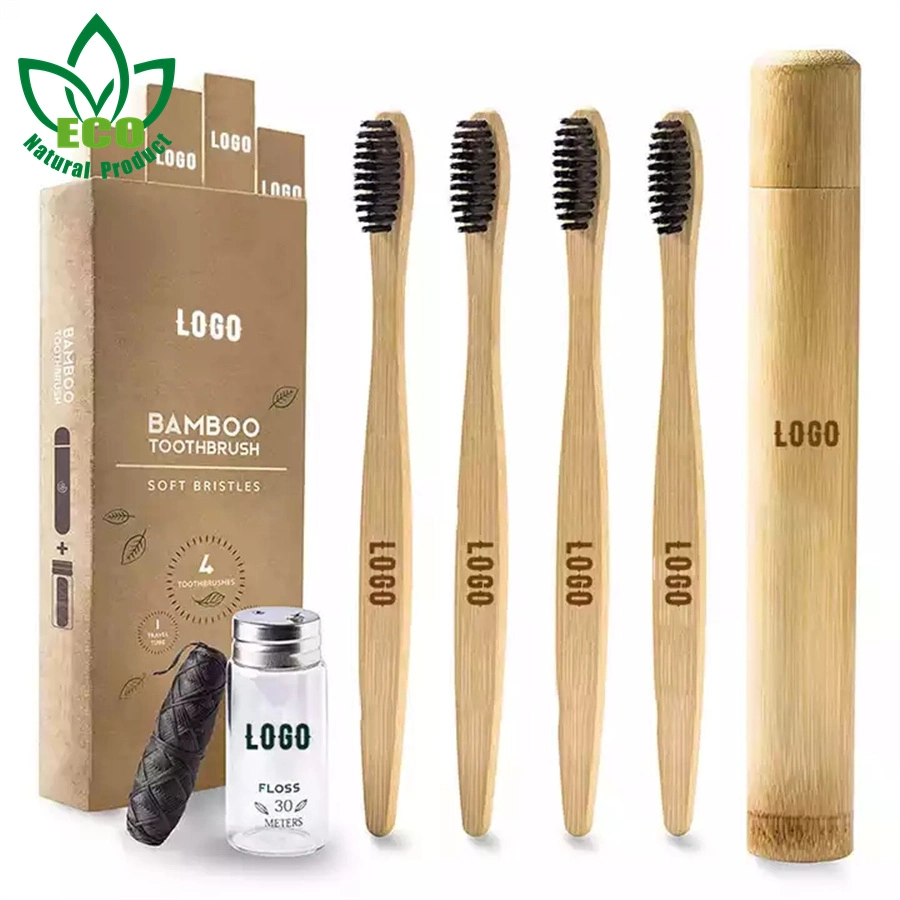 BPA Free Bamboo Toothbrush (4 Pack) with Travel Toothbrush Case &amp; Charcoal Dental Floss Toothbrushes for Adults