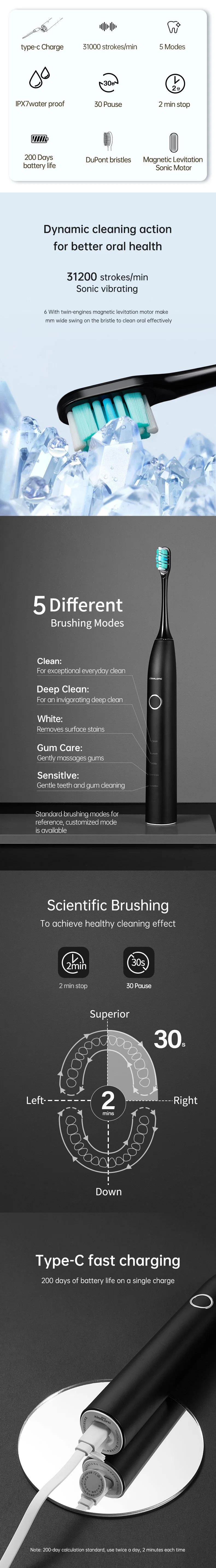 USB Charge Powerful Teeth Whitening Tooth Brushes Cleaning Adult Soft Bristle Ultrasonic Sonic Electric Toothbrush