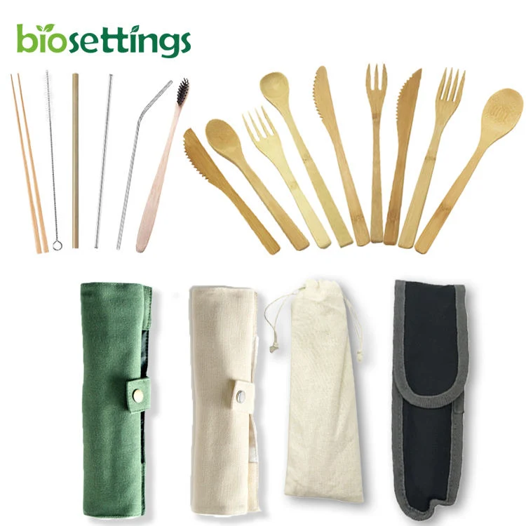 Green Cloth Package 20cm Style 1 Knife+1 Fork+1 Spoon+1 Chopsticks+1 Bamboo Straws+1 Brush+1 Toothbrush Bamboo Cutlery Set