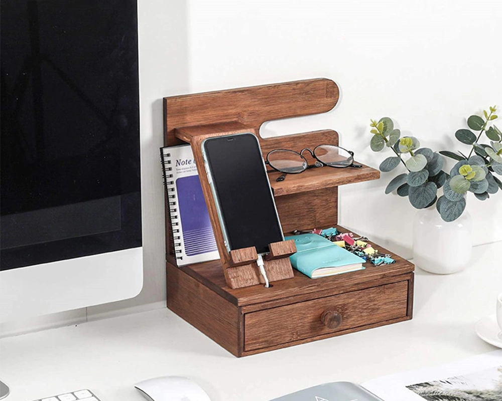 Aveco Desktop Deep Color Home Office Storage Wooden Mobile Phone Holder Glasses Watch with Drawer