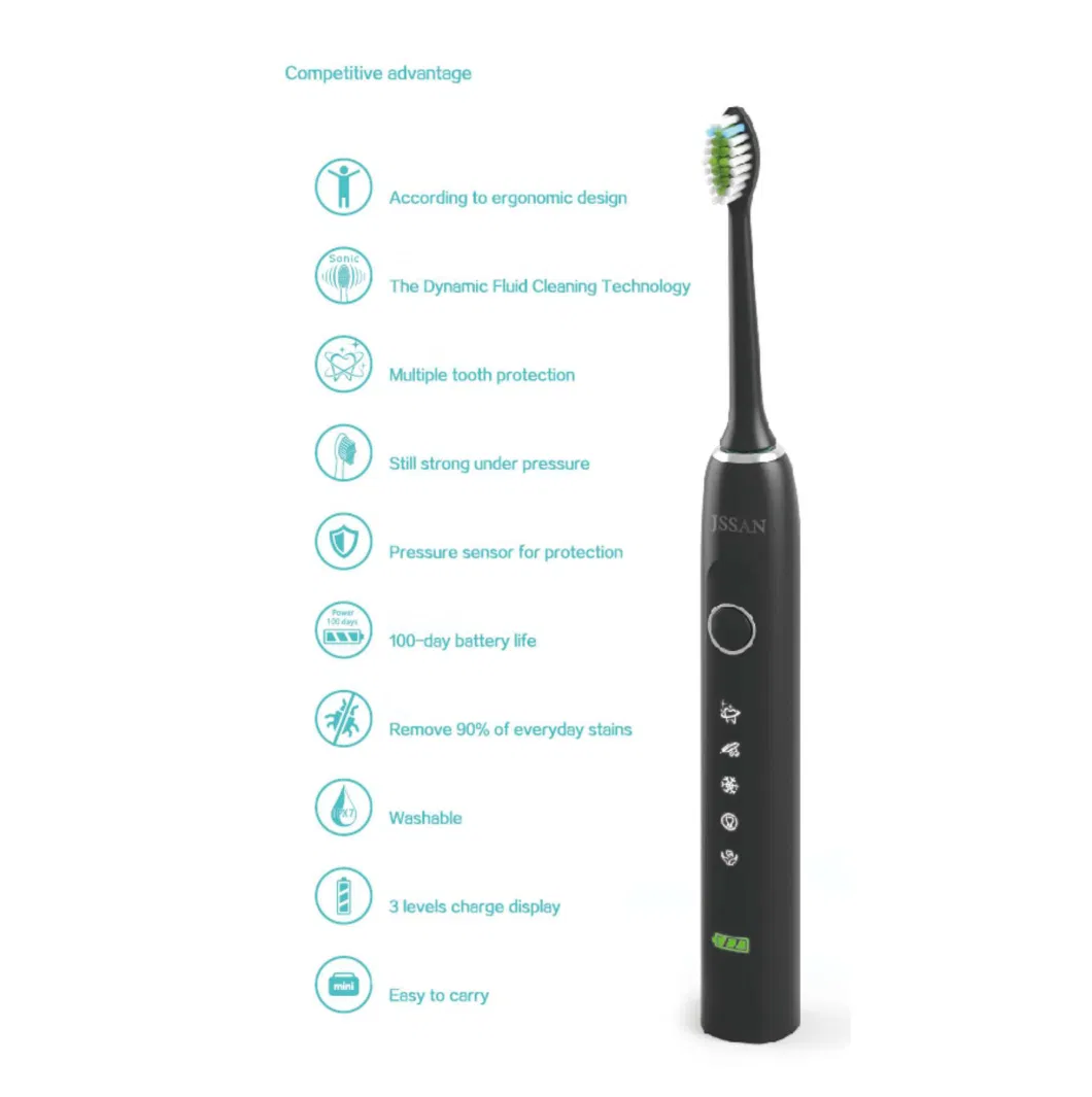 D72 China Supplier High Quality OEM/ODM Ipx7 Waterproof Vibrating Black Sonic Electric Toothbrush with Sonic Motor and DuPont Bristle Head