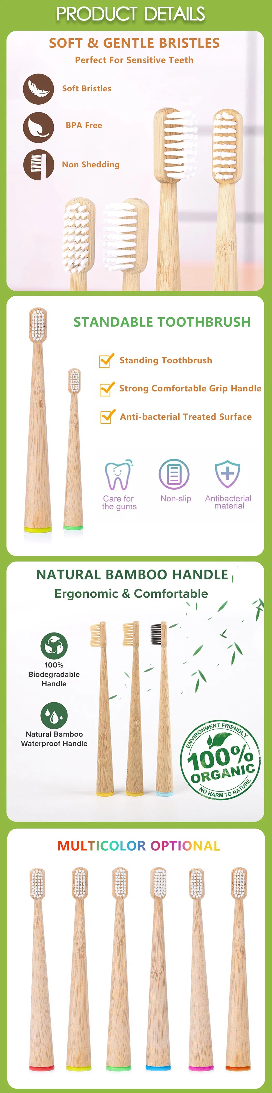 OEM Eco-Friendly Adult/Children/Kid Natural Wooden Handle Bamboo Toothbrush
