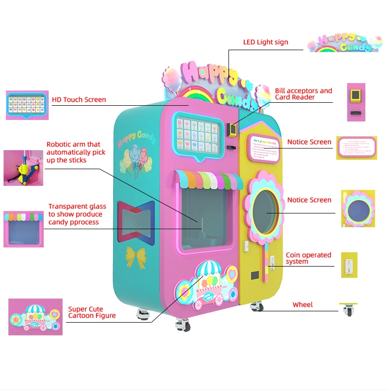 24 Hours Self Service Coin Operated Automatic Cotton Candy Product Candy Floss Vending Machine