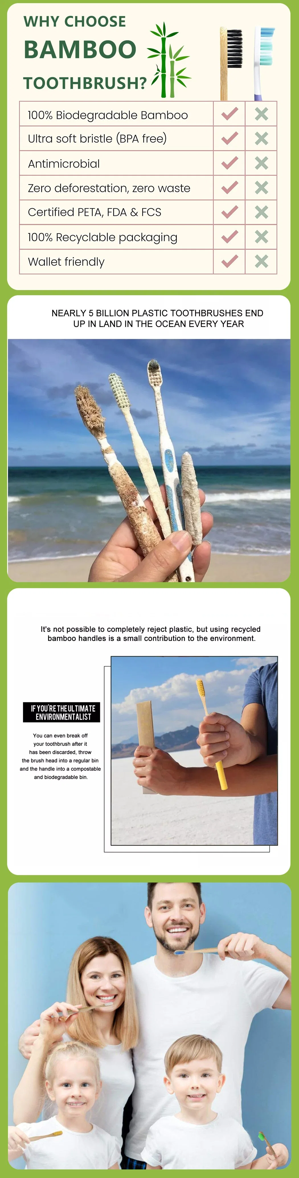 High Quality 100% Eco-Friendly Natural Charcoal Bristle Bamboo Toothbrush