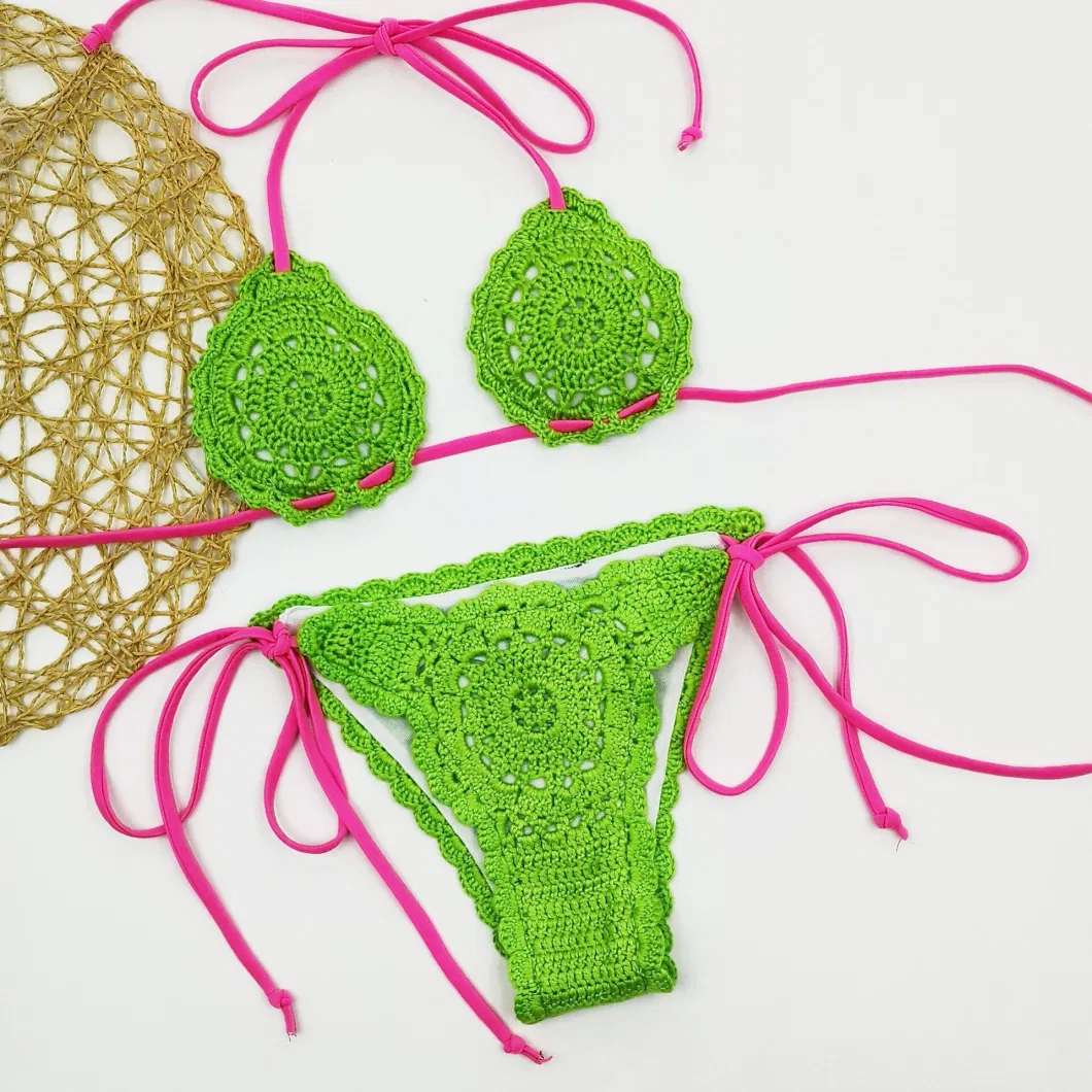 Custom Women Knitted Swimwear String Crochet Padded Dental Floss Bikini Thong Swimming Wear