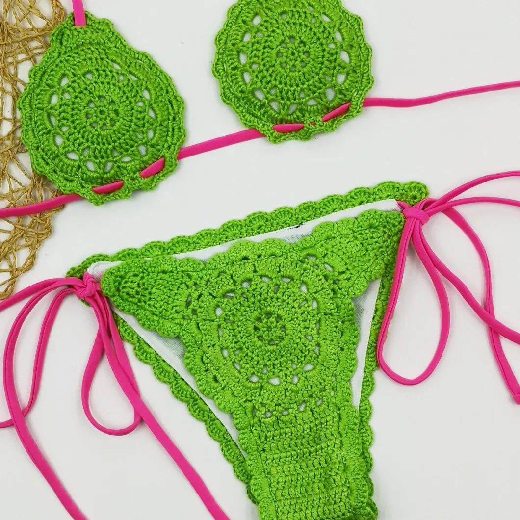 Custom Women Knitted Swimwear String Crochet Padded Dental Floss Bikini Thong Swimming Wear