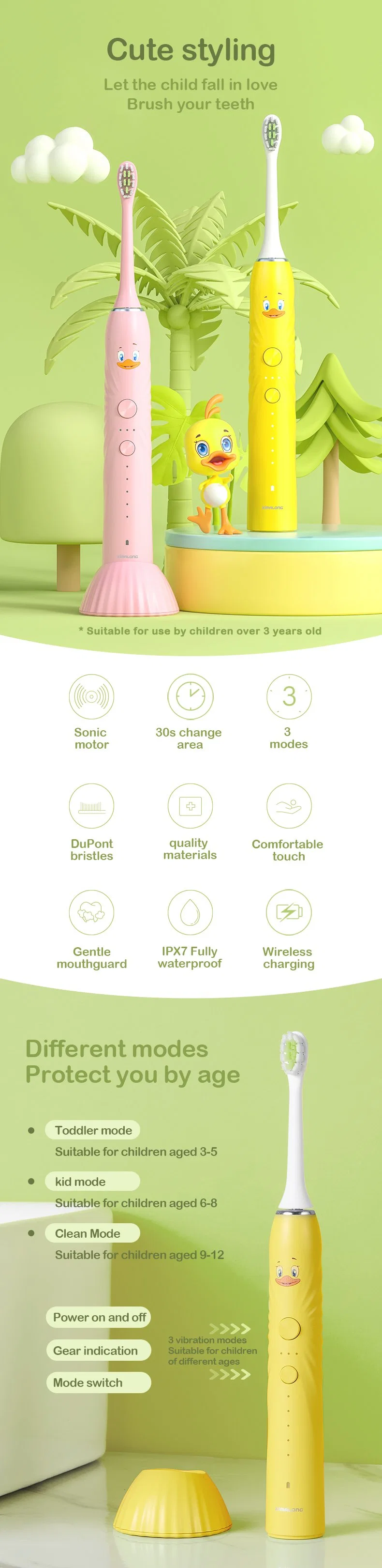 Ipx7 Wireless Charger DuPont Bristle Children&prime;s Special Sonic Electric Baby Toothbrush Children Toothbrush with Two Heads