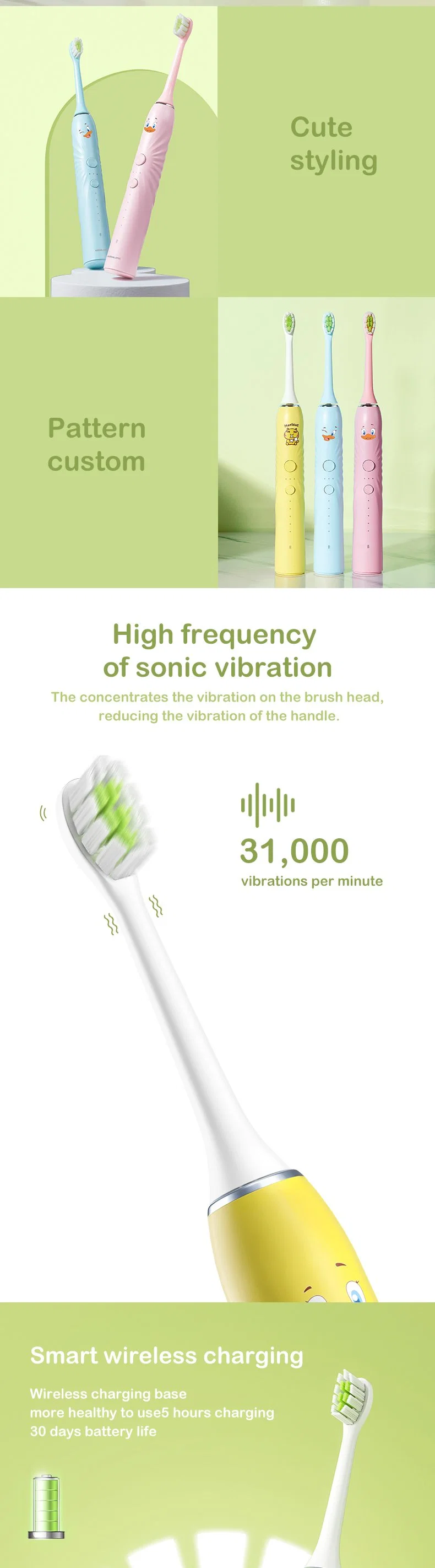 Ipx7 Wireless Charger DuPont Bristle Children&prime;s Special Sonic Electric Baby Toothbrush Children Toothbrush with Two Heads