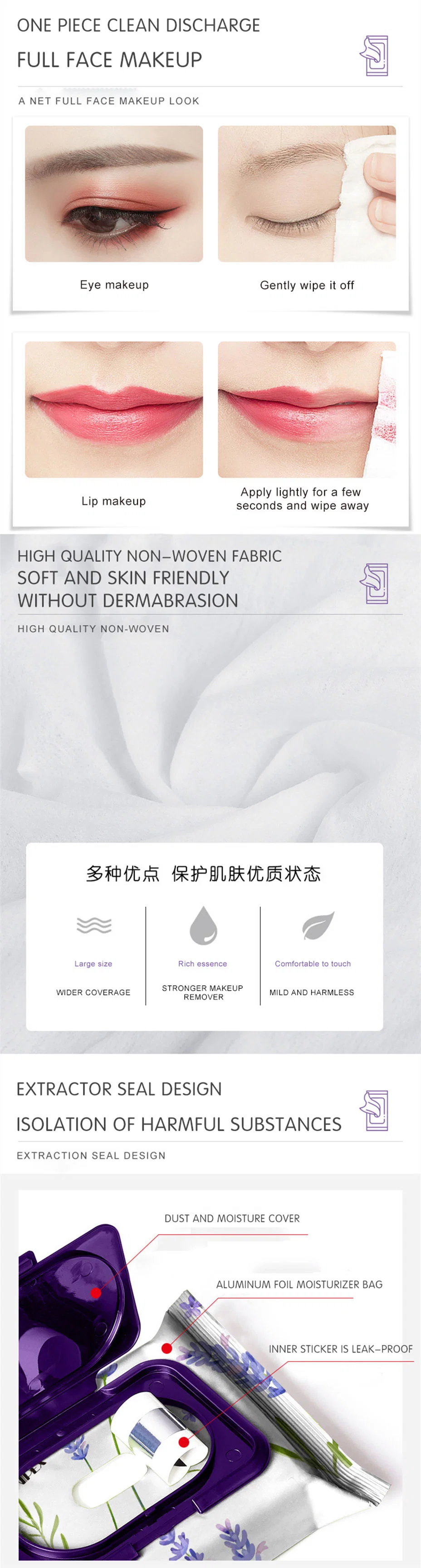 Popular Custom Package Individual Wrapped Sensitive Skin Makeup Removal Cleaning Multi-Purpose Facial Cleansing Wet Wipes