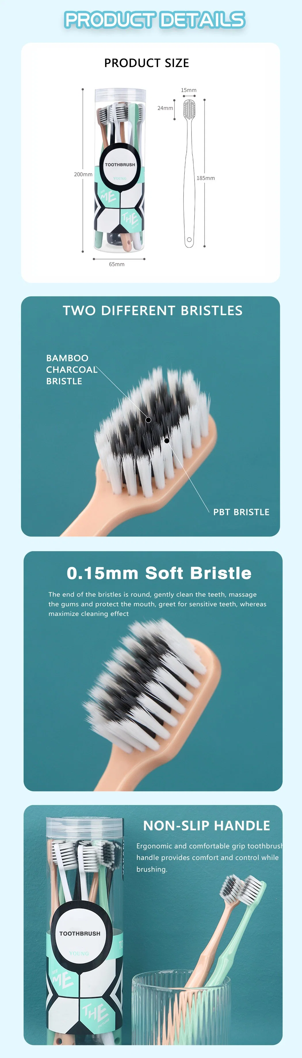 Free Sample Soft PBT &amp; Bamboo Charcoal Bristle Adult Manual Toothbrush