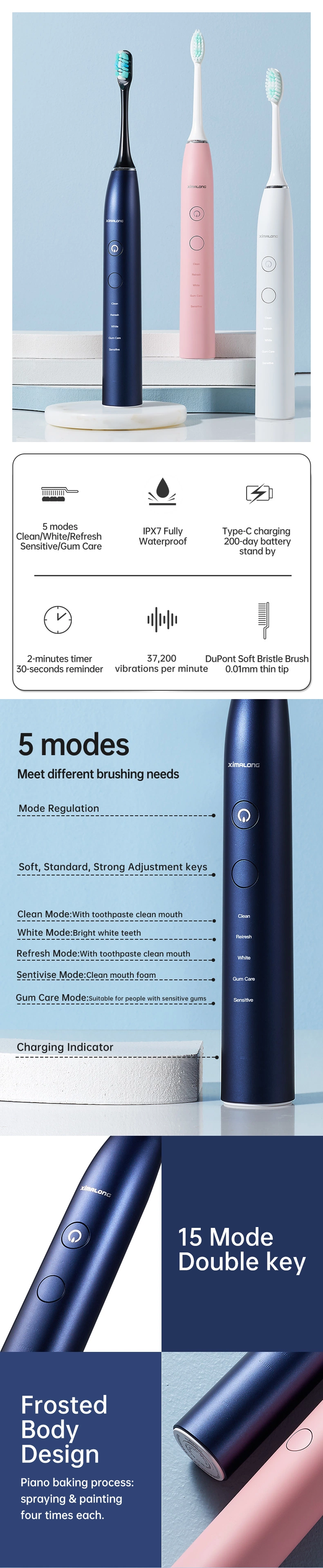 China Manufacturer Ipx7 40000 Strokes Automatic Rechargeable Sonic Electronic Electric Toothbrush