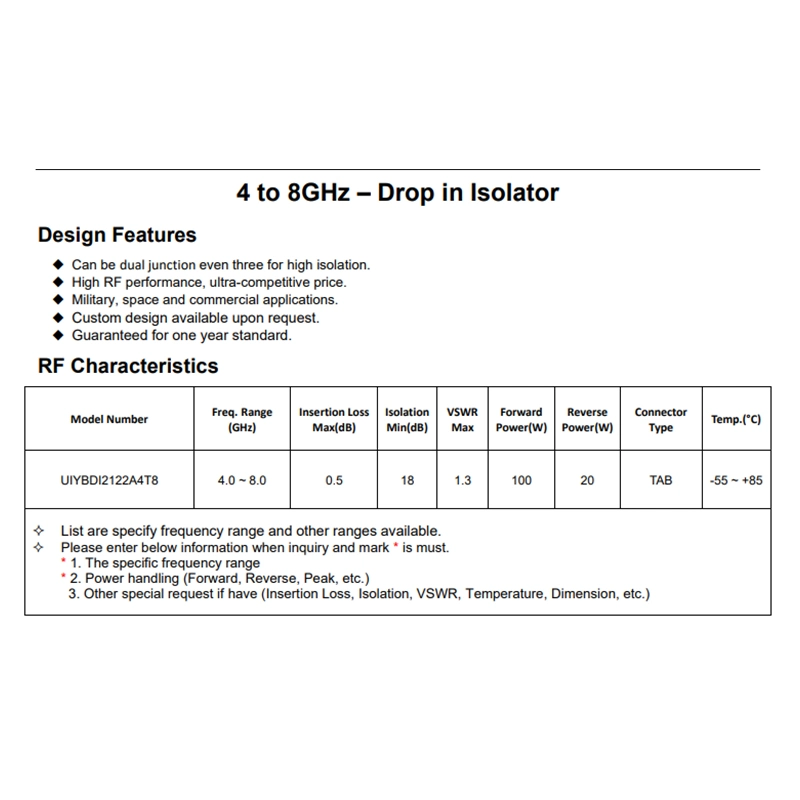 C Band 4.0~8.0GHz RF Drop In Isolator Microwave Component With High isolation 18dB Isolator