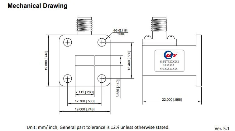 26.5 to 40GHz Ka Band Peak Power 100W WR28 Waveguide to Coaxial Adapter