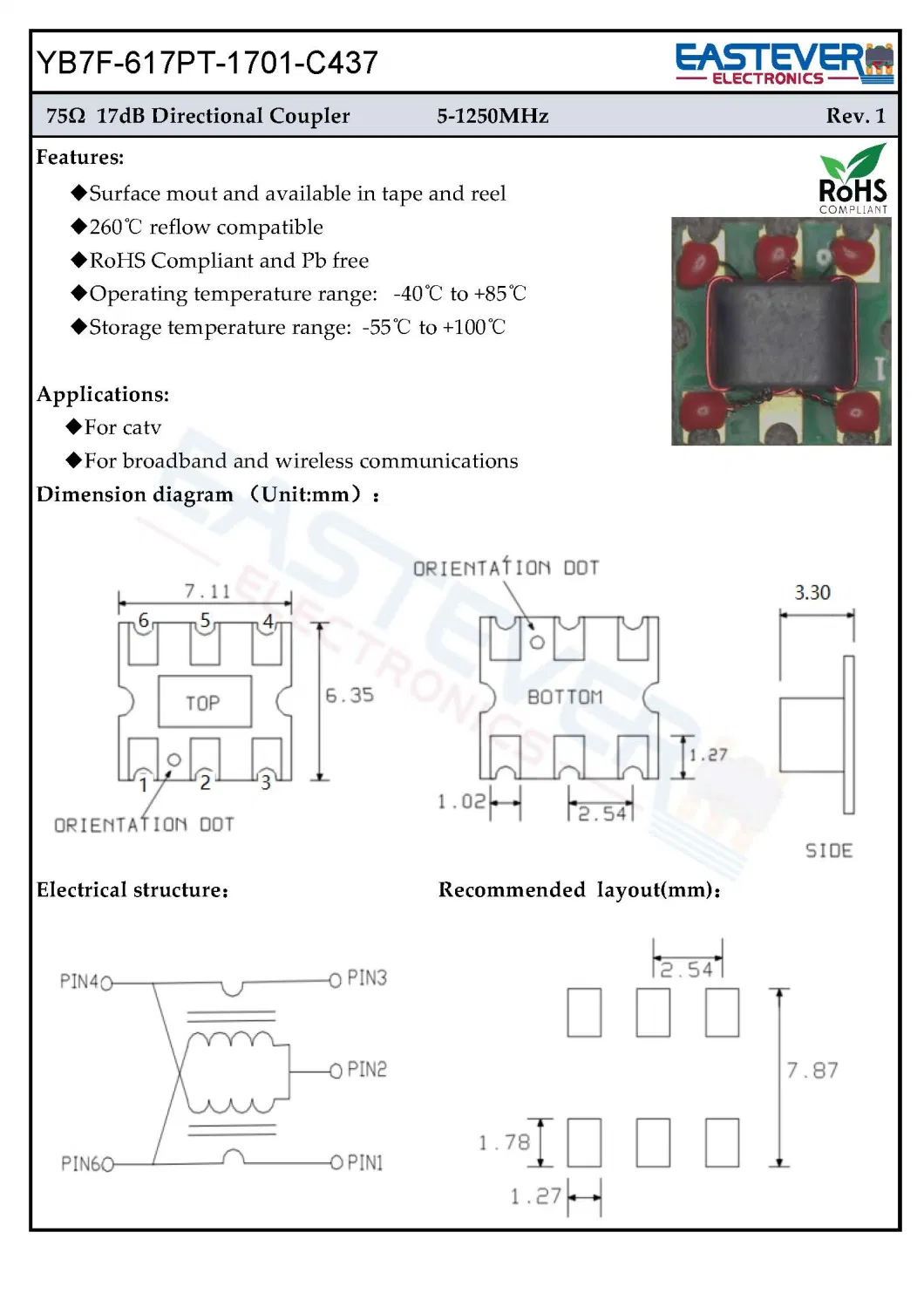 75ohm 17dB RF Directional Couplers for Broadband and Wireless Communications CATV Yb7f-617PT-1701-C437