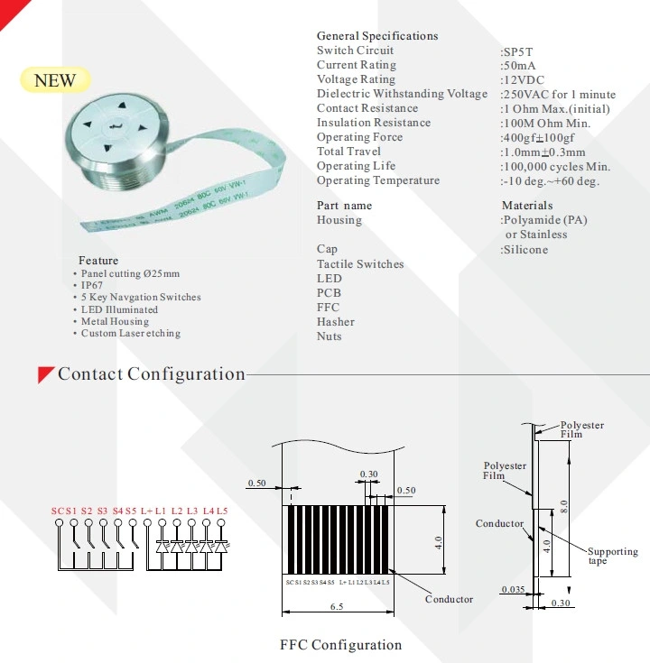 Waterproof Electrical Momentary Contact 5 Way Navigation Switch for Auto Parts