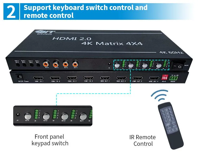 Support Maximum Input 3840X2160@60 4-Input HDMI Matrix 4 in 4 out 4X4 Switch with IR