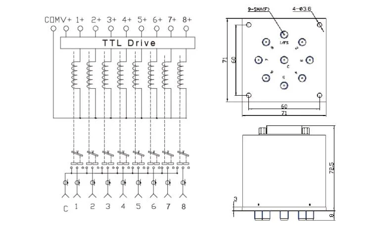 DC-18GHz 60-90dB Isolation with Termination &amp; with Ttl Sp8t Failsafe Coaxial Switch