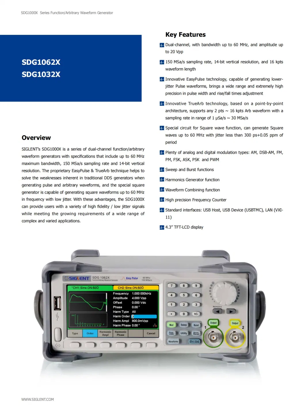 China Siglent RF Analog Function Arbitrary Waveform Signal Source Generator Sdg1062X