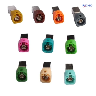 Conector macho de 4 pines HSD Fakra Z para PCB en ángulo recto Montaje del conector coaxial para coche HSD RF