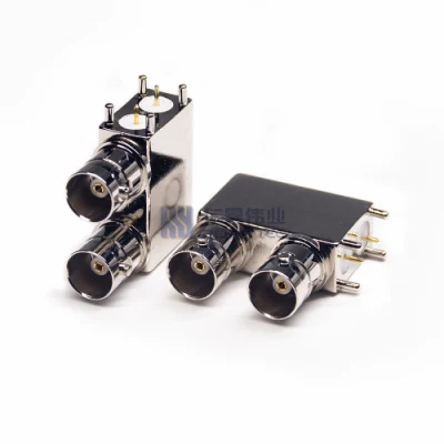Conector hembra BNC doble de vídeo en ángulo recto coaxial RF DIP para PCB