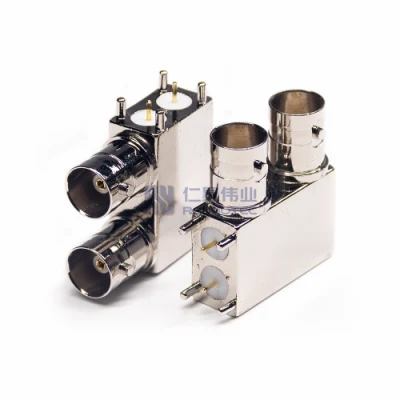Conector hembra BNC doble de vídeo en ángulo recto coaxial RF DIP para PCB