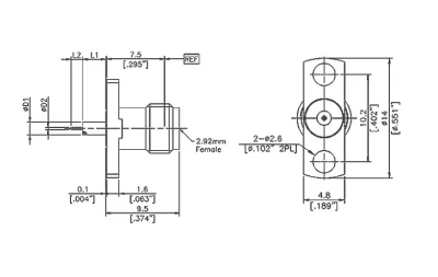 2,92 hembra 2 hoyos de microondas tipo brida conector PCB milímetro, Cuerpo de acero inoxidable