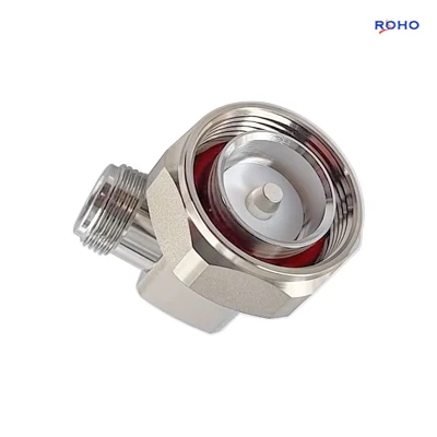 Adaptador de cable coaxial de baja PIM N hembra a 7-16 DIN Adaptador de conector macho RF en ángulo recto