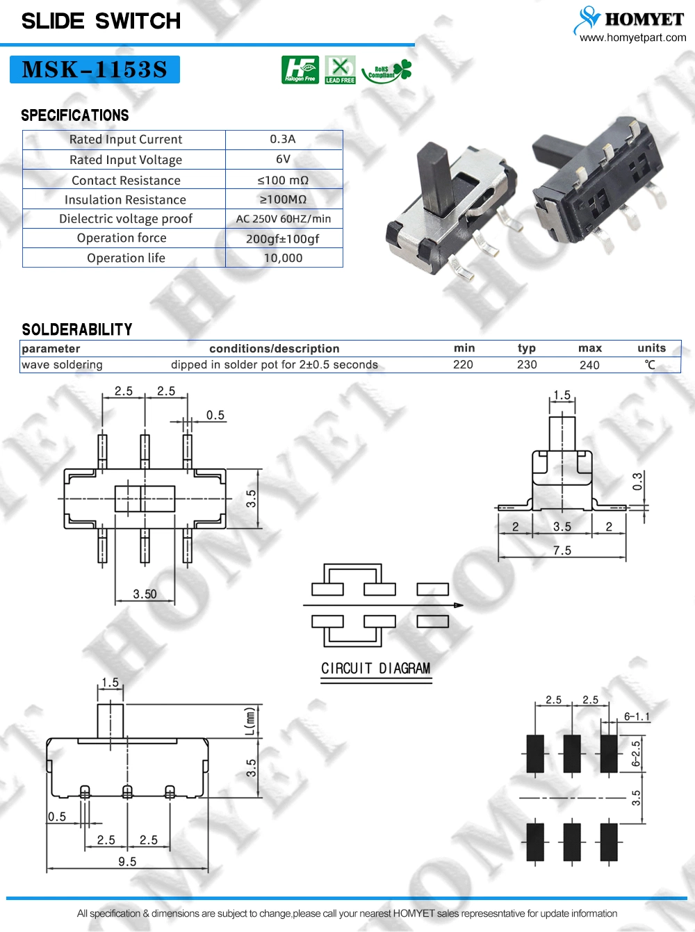 Manufacturer SMD Type 3pin Spdt Slide Switch (MSK-1153S)