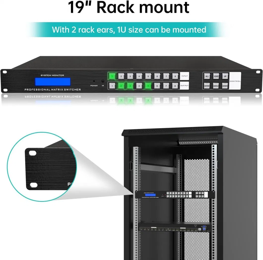 Custom 4K HDMI Matrix Switch 8X8, 4K@30Hz Rack Mount Switcher &amp; Splitter with Backlit RS232 LAN Port and EDID, Built-in Us Adi Chip (8 in 8 Out)