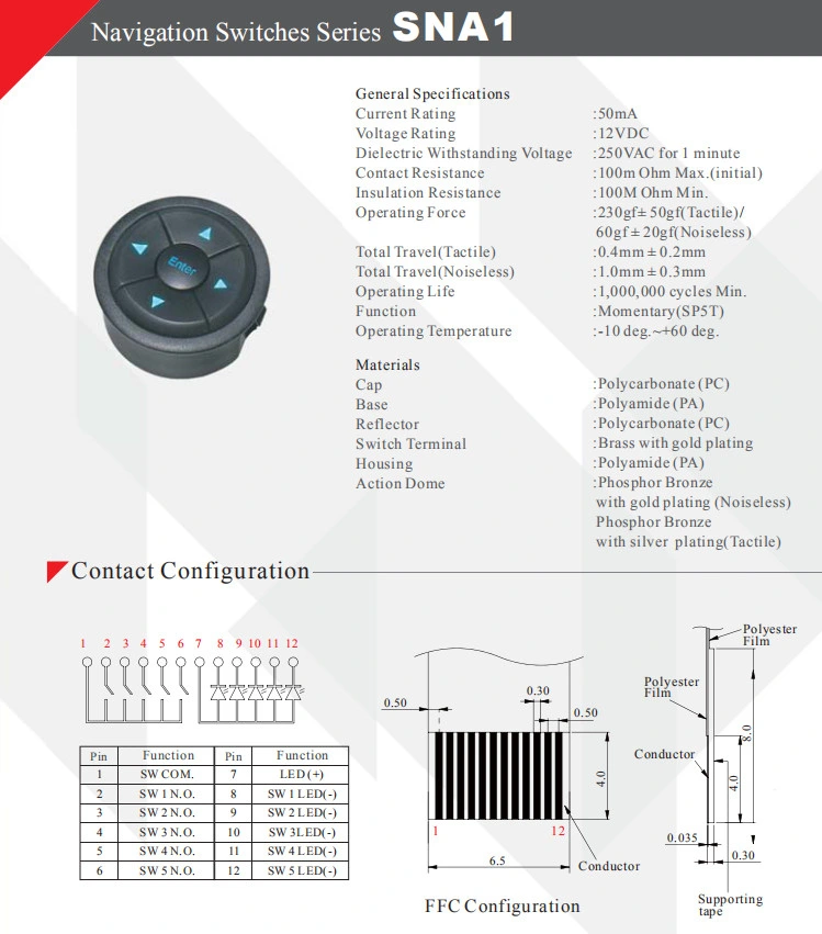 Durable Momentary Sp5t 5 Way Navigation Switch for Auto Parts