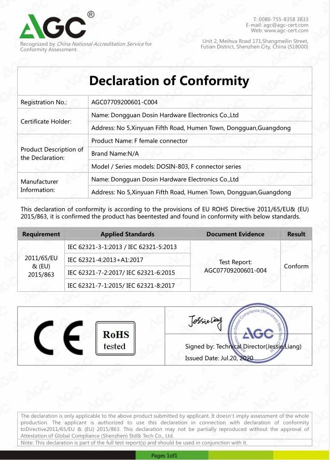 F Connector RF Coax Coaxial Cable Compression Rg59 RG6 Rg11