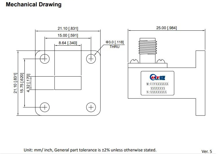 Radar Equipment 21.7 to 33GHz Wr34 Waveguide to Coaxial Adapter with 2.92mm Connector