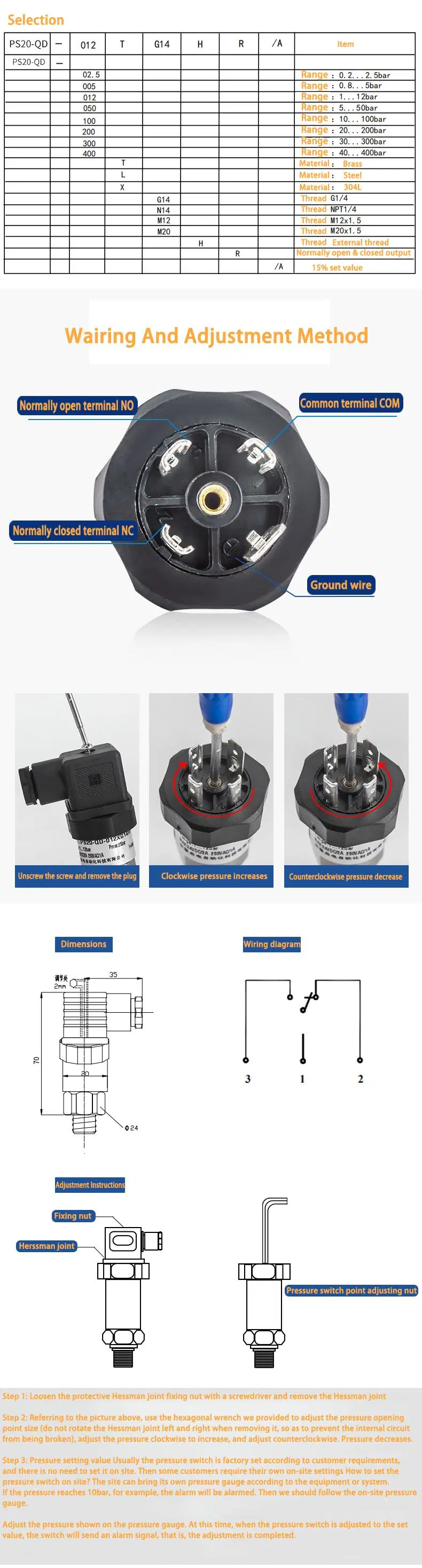 Diapragm Type Mechanical and High Pressure Switch Fire Adjustable Water Pump Air Pressure Hydraulic Oil Stainless Steel Diaphragm Piston Film